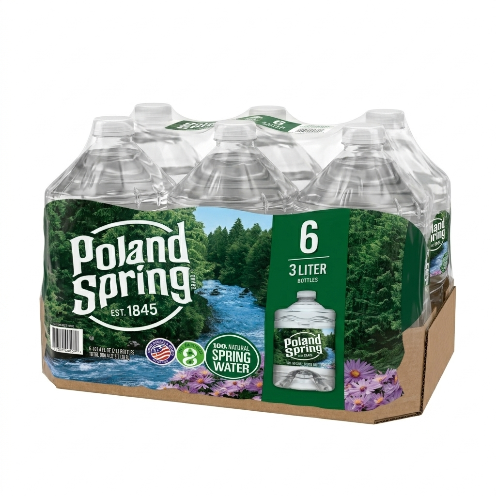 Packaging of Poland Spring water bottles with a scenic design on a white background