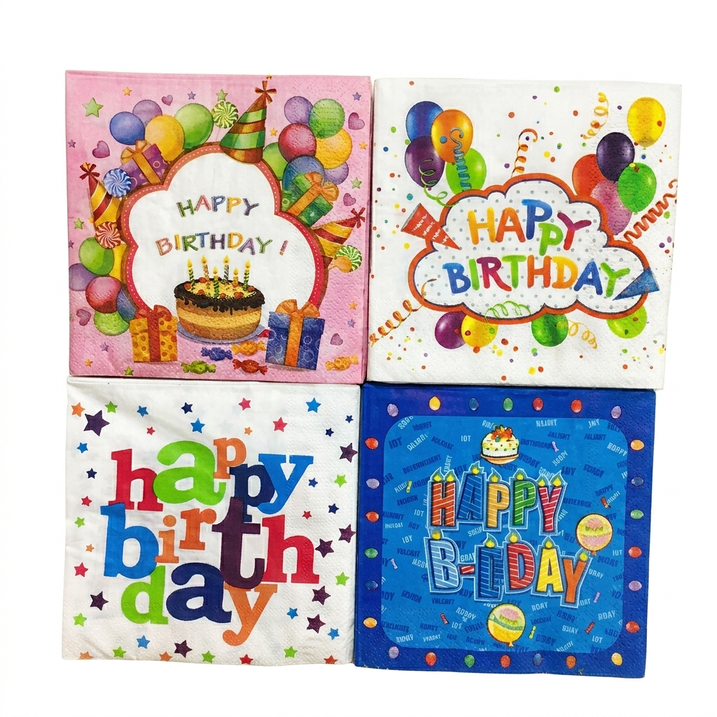Four colorful birthday-themed greeting cards with balloons and cake illustrations.