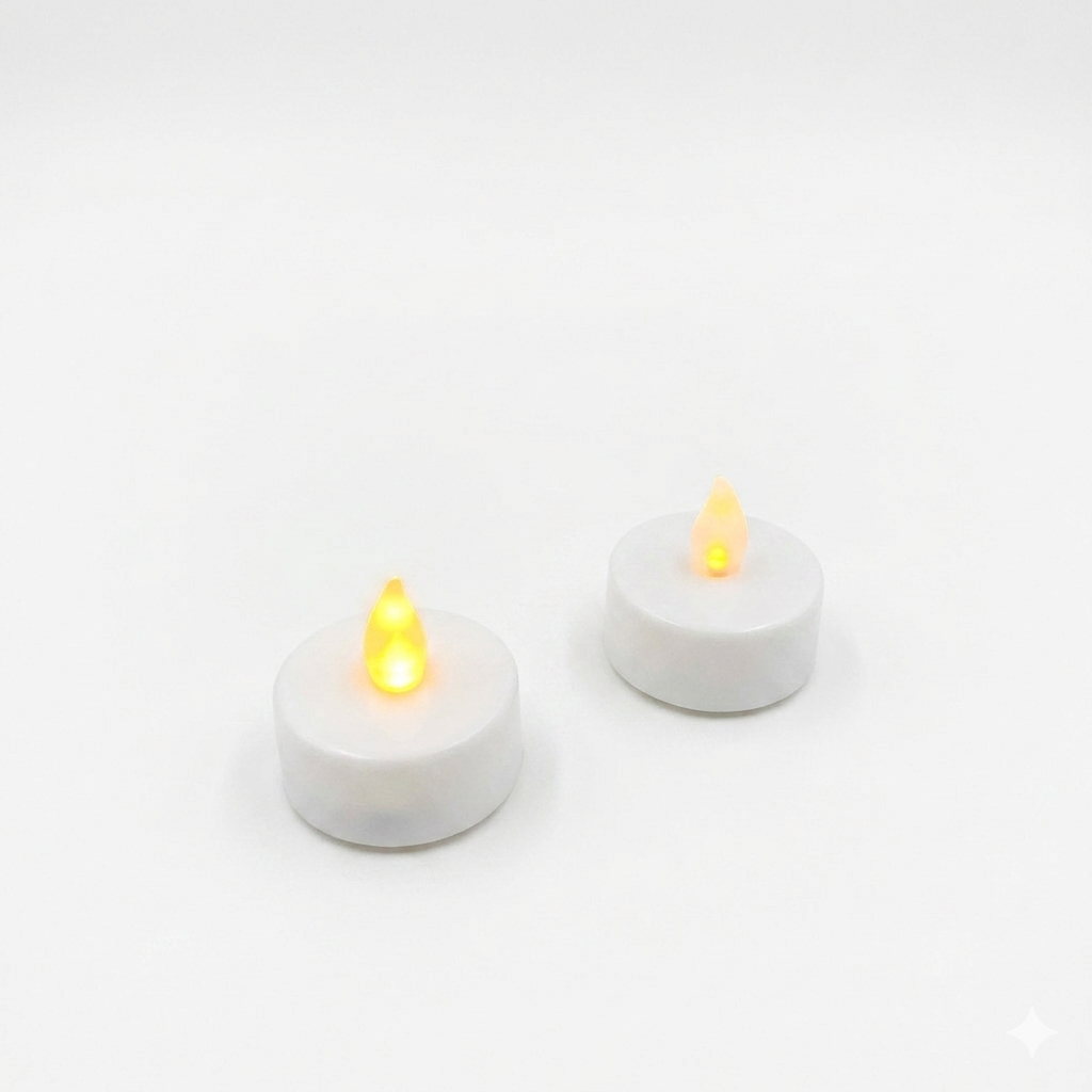 Two white LED candles with small flames on a light gray background