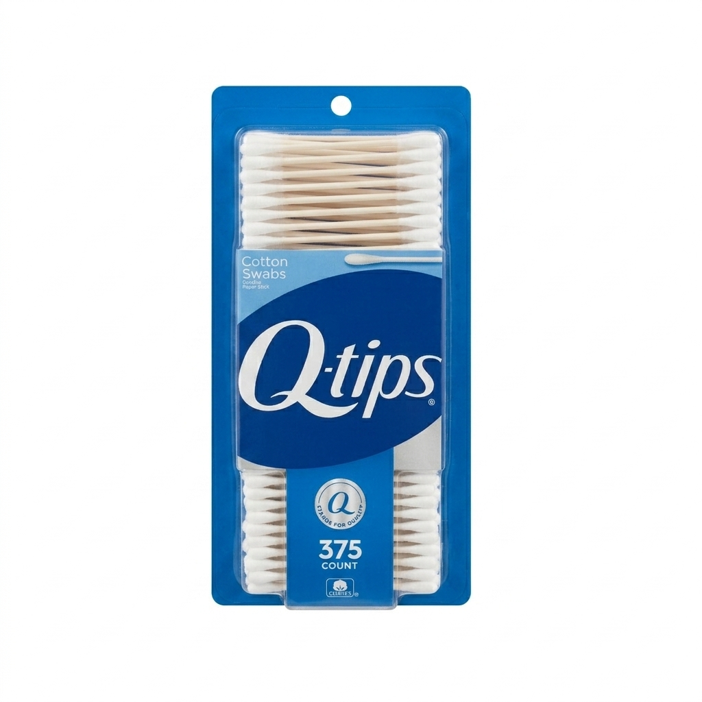 Q-tips cotton swabs packaging with blue background