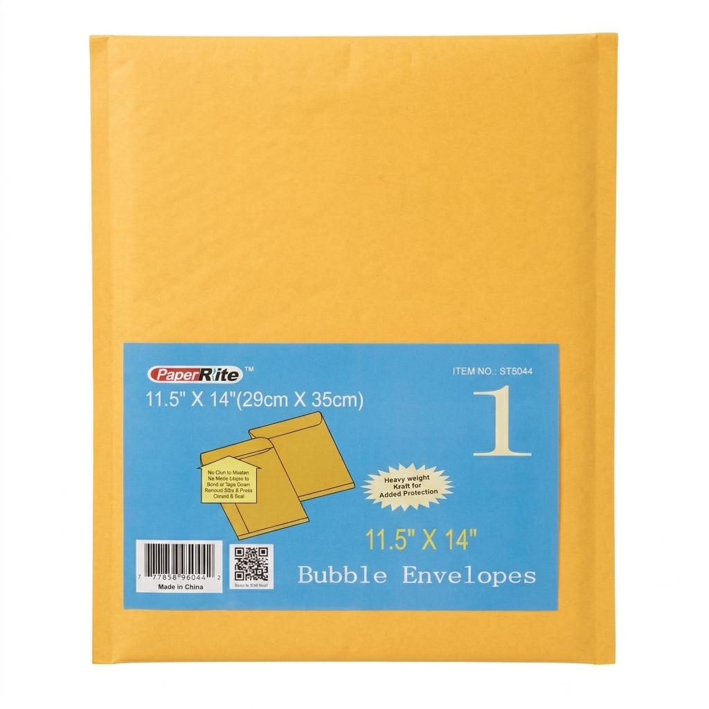 Yellow bubble envelope with PaperRite branding on a white background