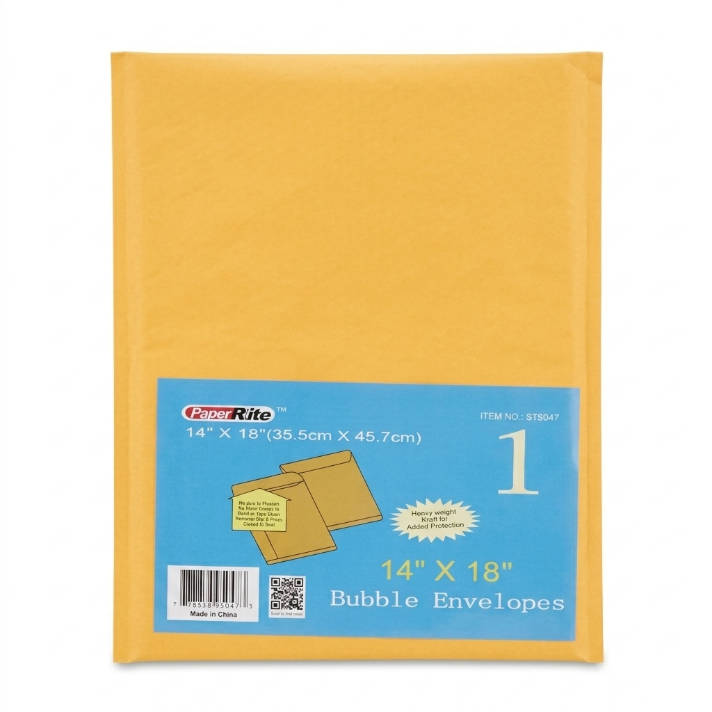 Yellow bubble envelope with PaperRite branding and size information on a white background