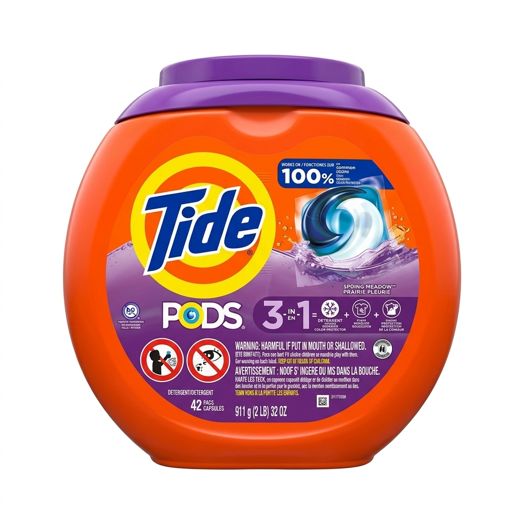 Tide laundry detergent pods container on a white background