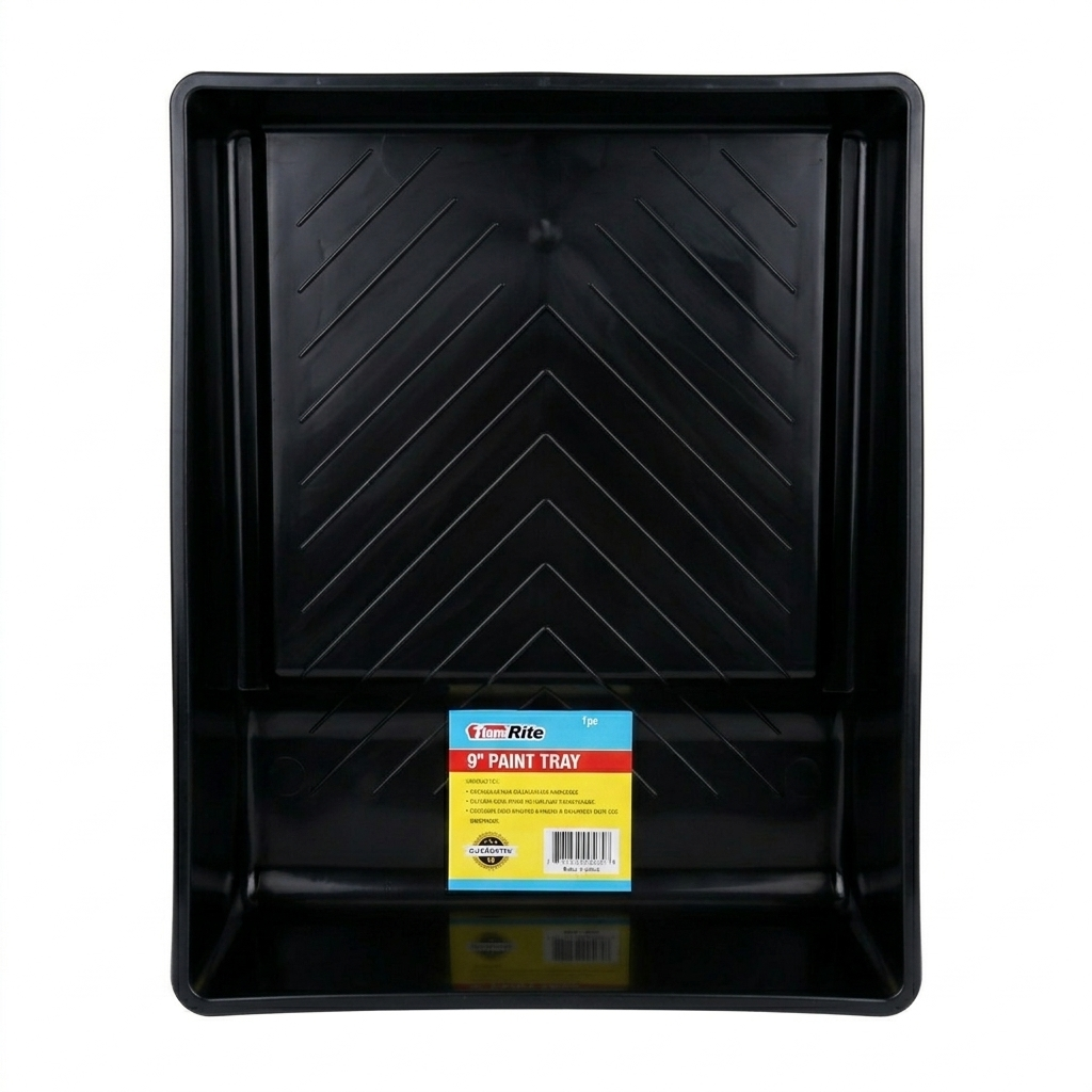 Black paint tray with a label on a white background