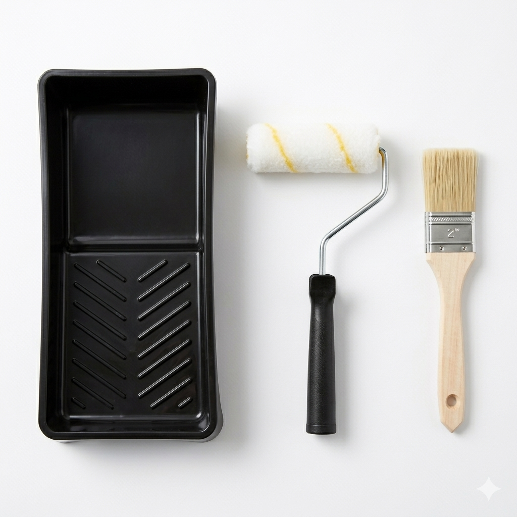 Paint tray, roller, and brush on a white background