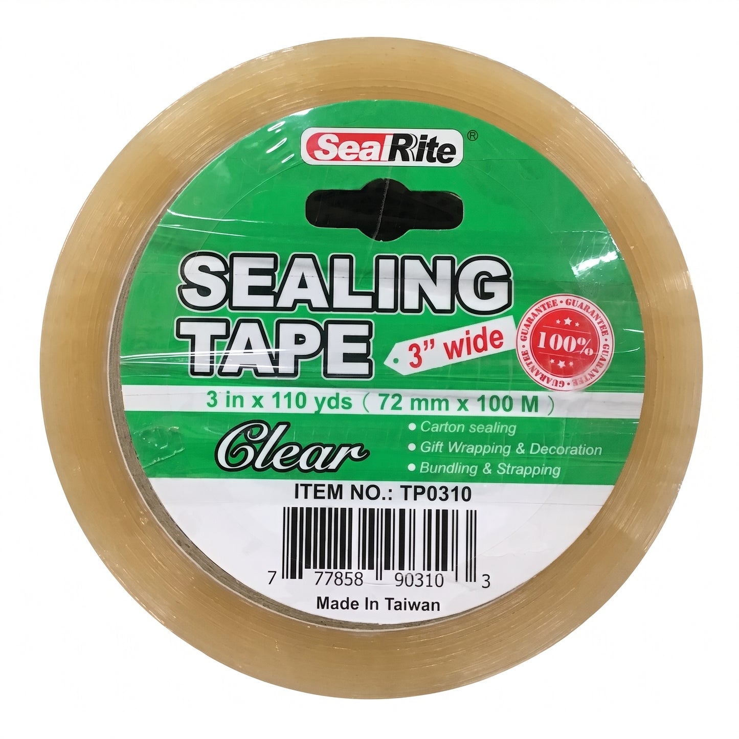A roll of SealRite Clear 3-inch wide sealing tape on a white background, featuring a green and white paper label with product details.