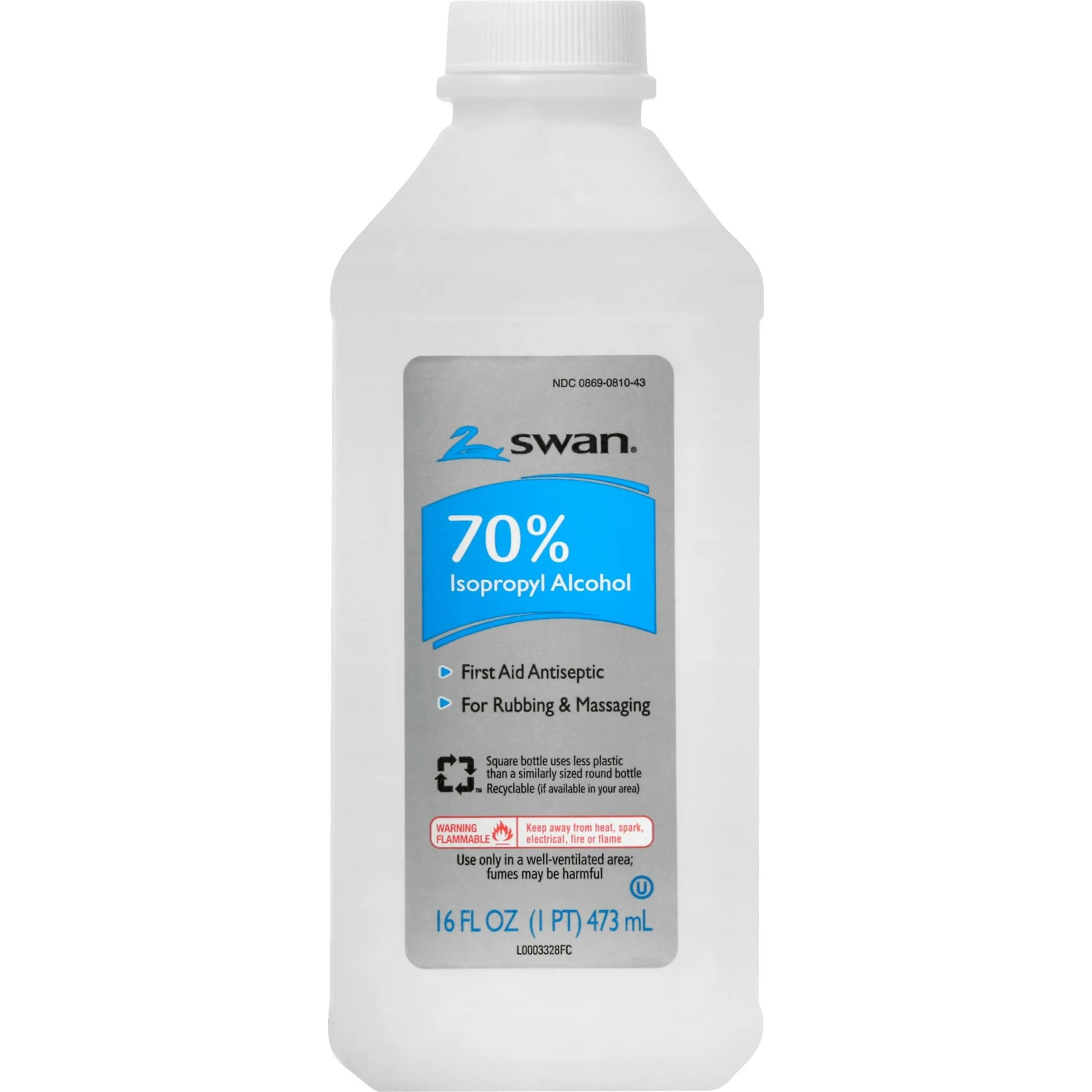 Swan 70% isopropyl alcohol bottle on a white background