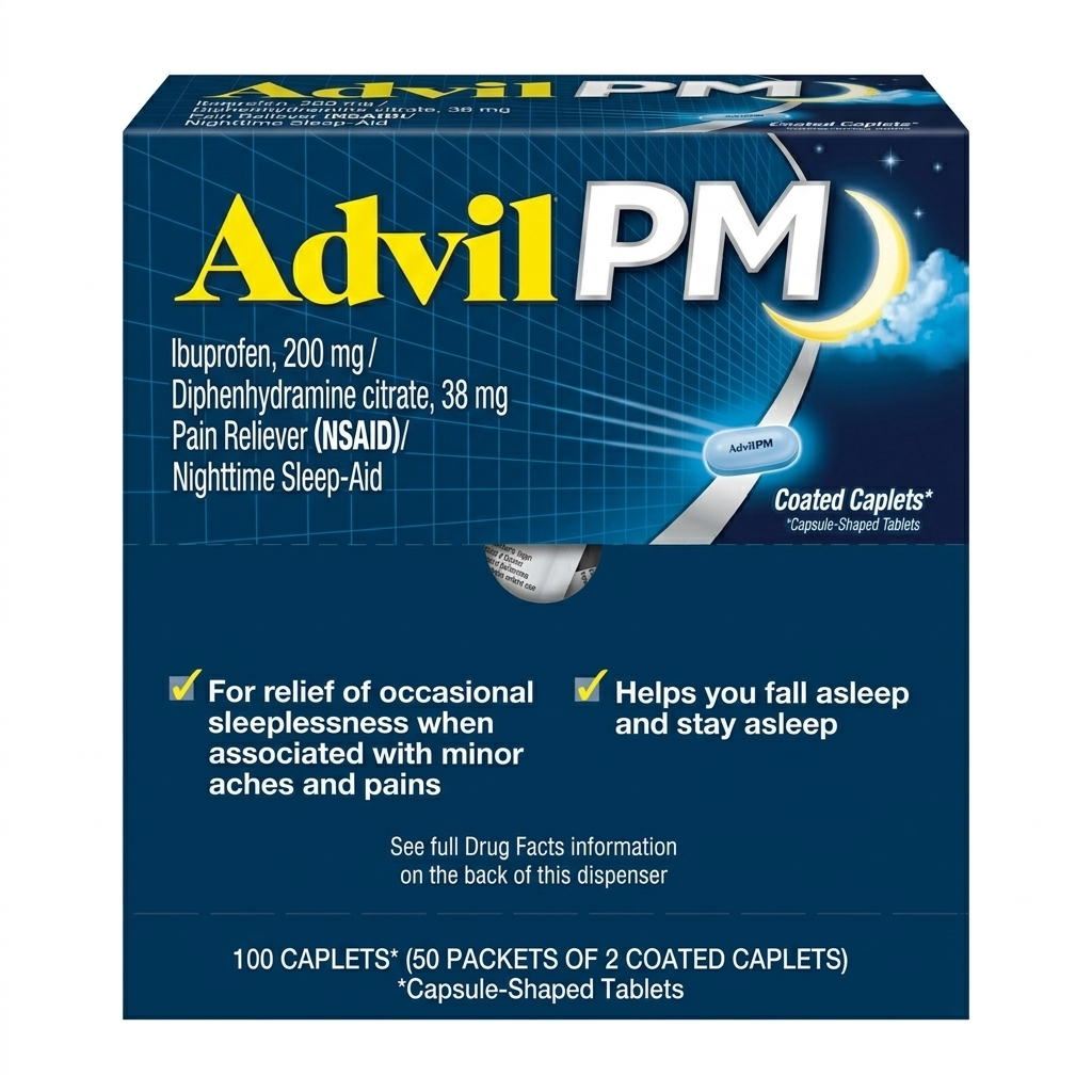 Box of Advil PM medication on a white background