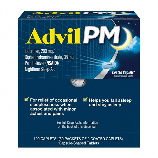 Box of Advil PM medication on a white background