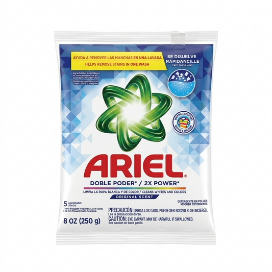 Ariel laundry detergent packaging with blue and green design on a white background