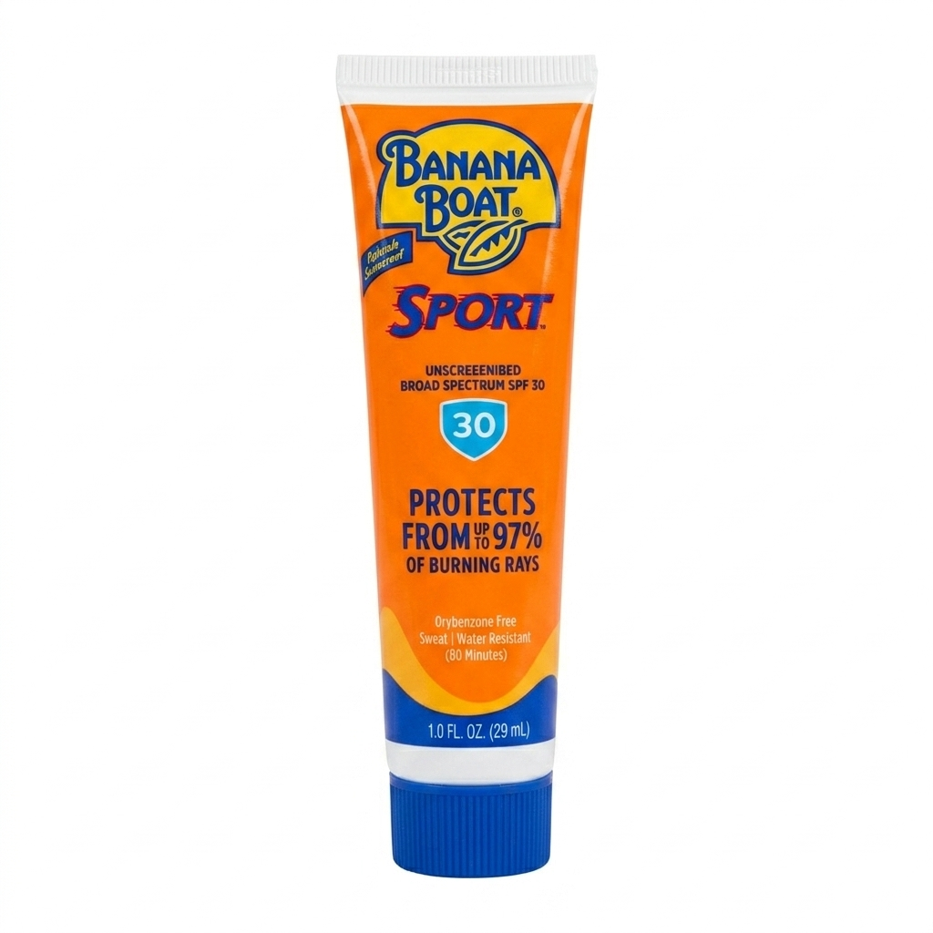 Banana Boat Sport sunscreen tube on a white background