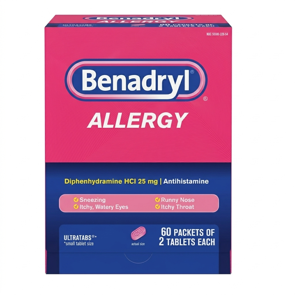 Benadryl allergy medication packaging on a white background
