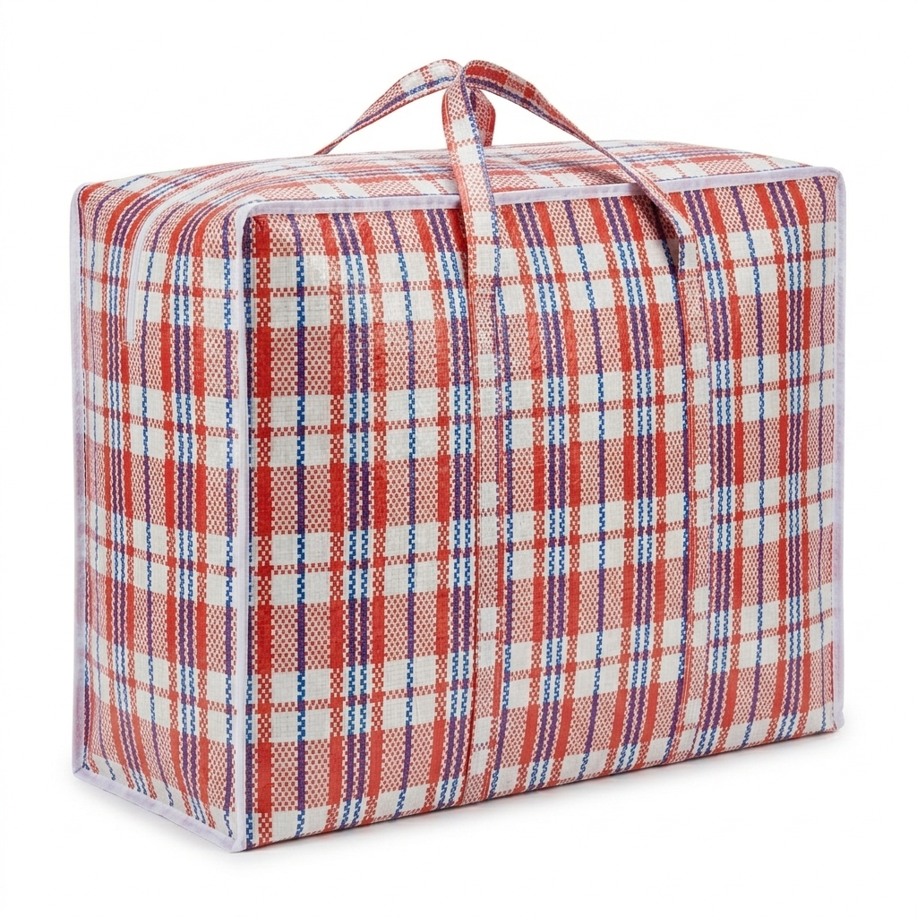 Plaid patterned bag on a white background