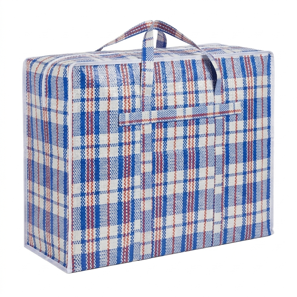 Plaid-patterned storage bag with a handle on a white background