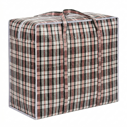 Plaid patterned storage bag with handles on a white background