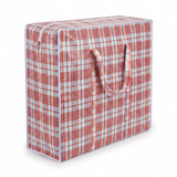 Red and white checkered storage bag with handles on a white background