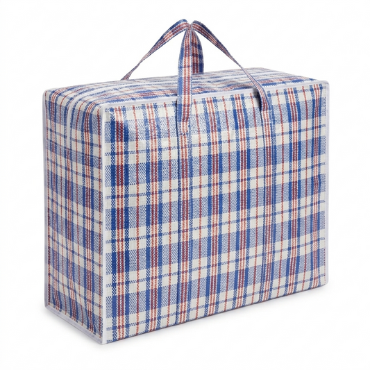 Plaid patterned storage bag on a white background