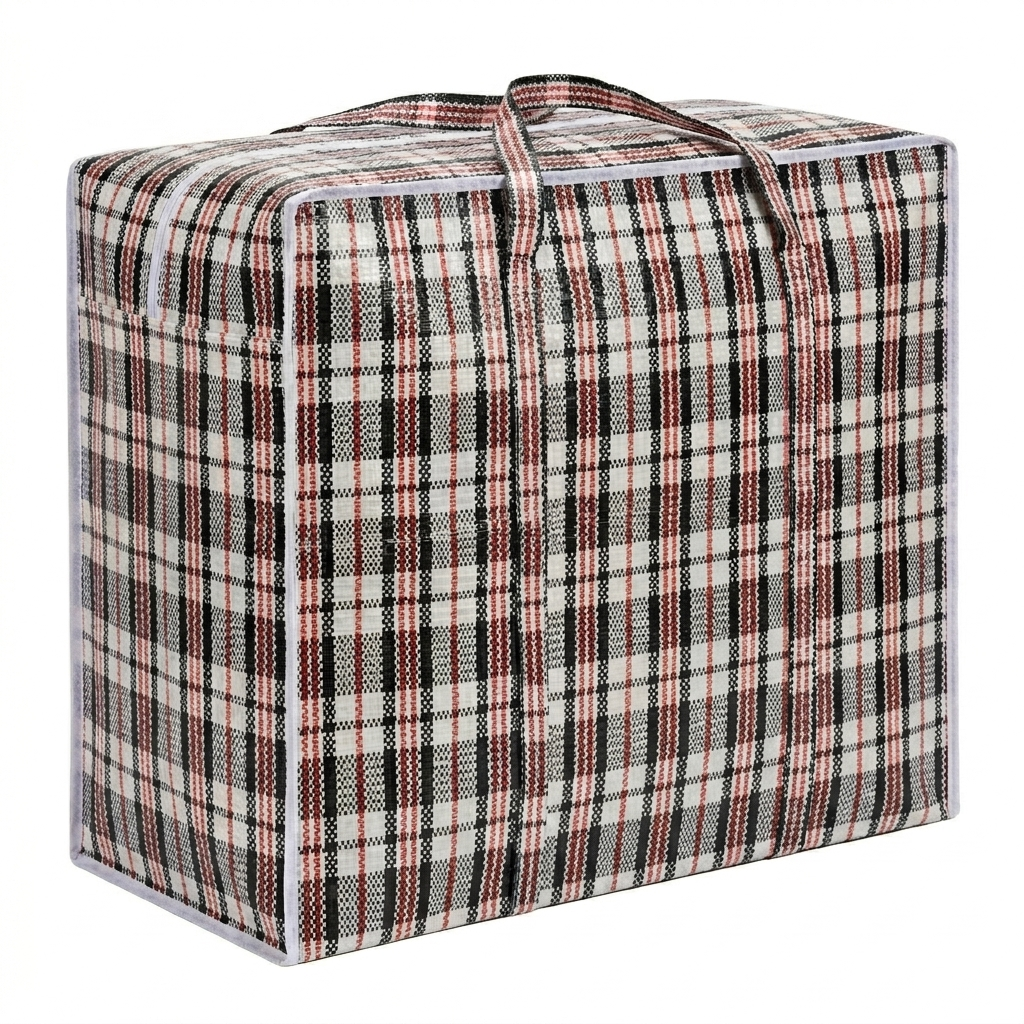 Plaid patterned storage bag with handles on a white background