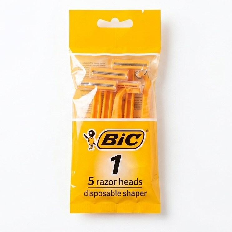 Pack of BIC disposable shaver razor heads on a white background