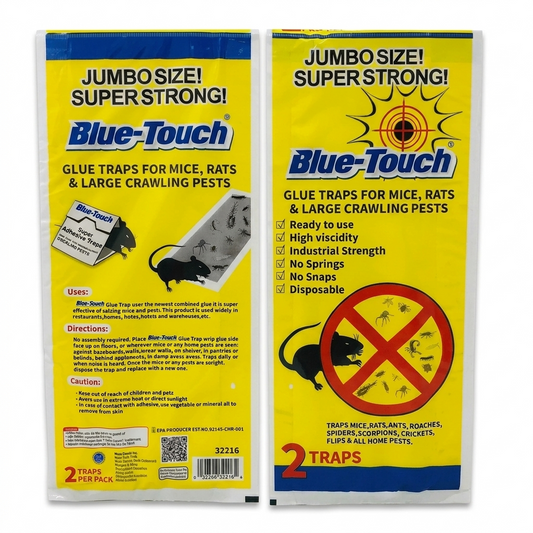 Two packages of Blue-Touch glue traps for mice, rats, and large crawling pests on a white background.
