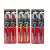 Three packages of Colgate toothbrushes on a white background, featuring blue and red handles with black, yellow, and blue bristles.