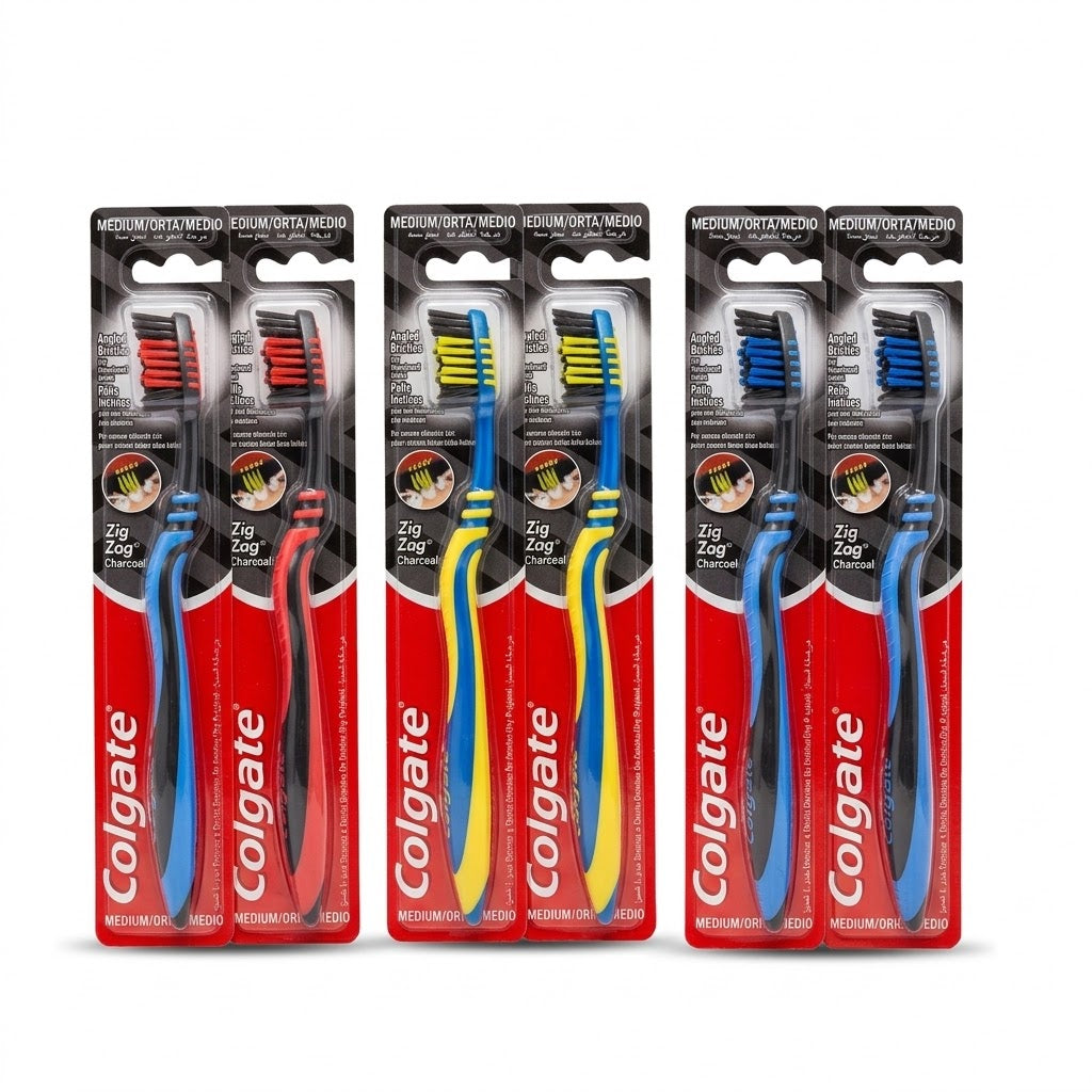 Three packages of Colgate toothbrushes on a white background, featuring blue and red handles with black, yellow, and blue bristles.