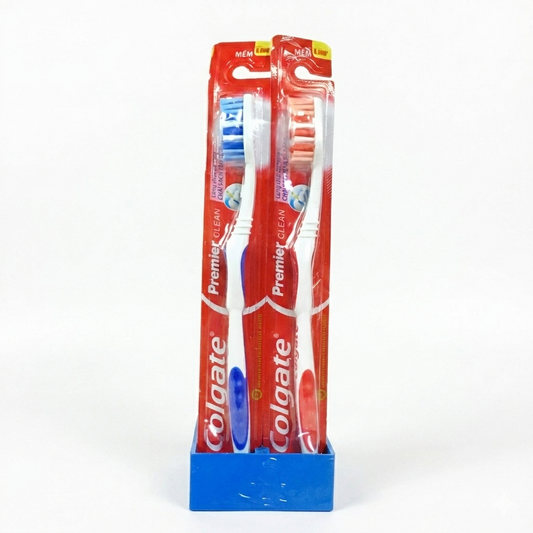 Two Colgate toothbrushes in a red packaging holder on a white background