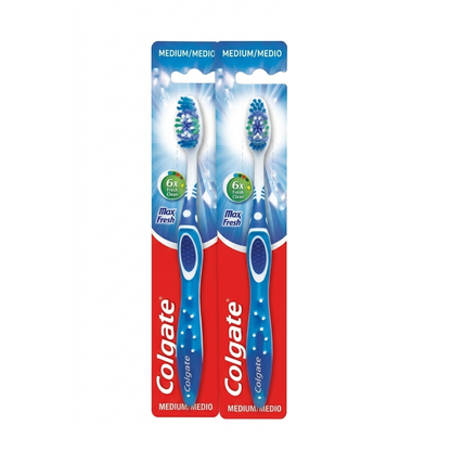 Colgate toothbrush packaging with two toothbrushes in a blue and red package on a white background.