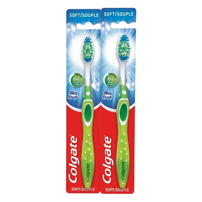 Two Colgate toothbrushes in a packaging with a white background