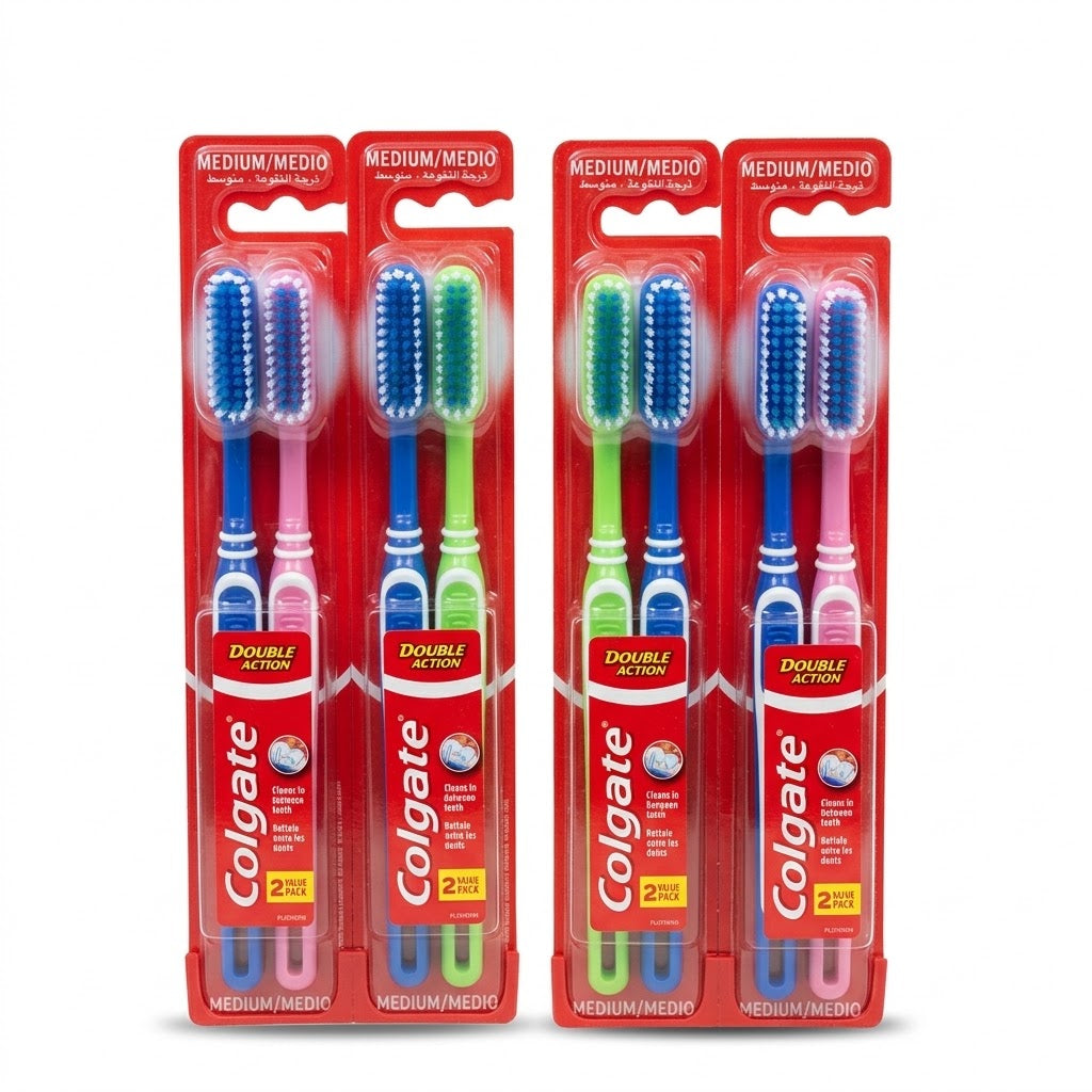 Four packaged Colgate toothbrushes in a 2-pack set, featuring red blister cards with blue, pink, green, and blue toothbrushes, shown on a white background.