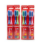 Four packaged Colgate toothbrushes in a 2-pack set, featuring red blister cards with blue, pink, green, and blue toothbrushes, shown on a white background.