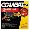 Combat Max roach killing bait packaging with images of cockroaches and text on a yellow and black background.