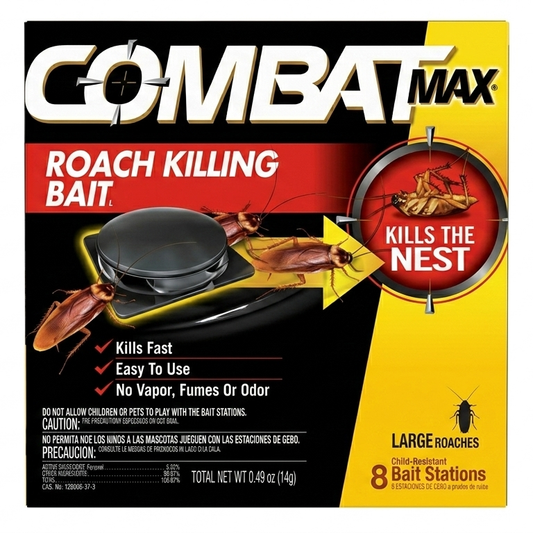 Combat Max roach killing bait packaging with images of cockroaches and text on a yellow and black background.