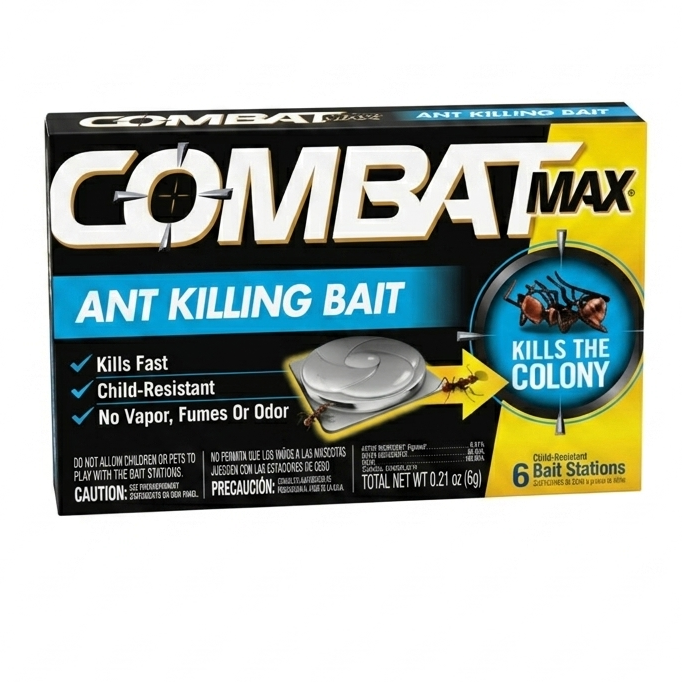 Combat Max ant killing bait packaging on a white background