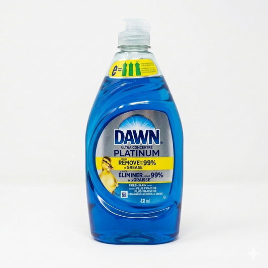 Bottle of Dawn Ultra Concentrate Platinum dish soap on a white background