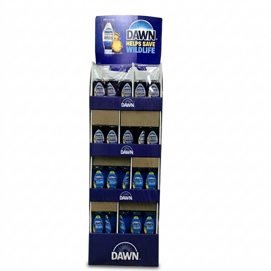 Dawn platinum dish soap display case against a white background