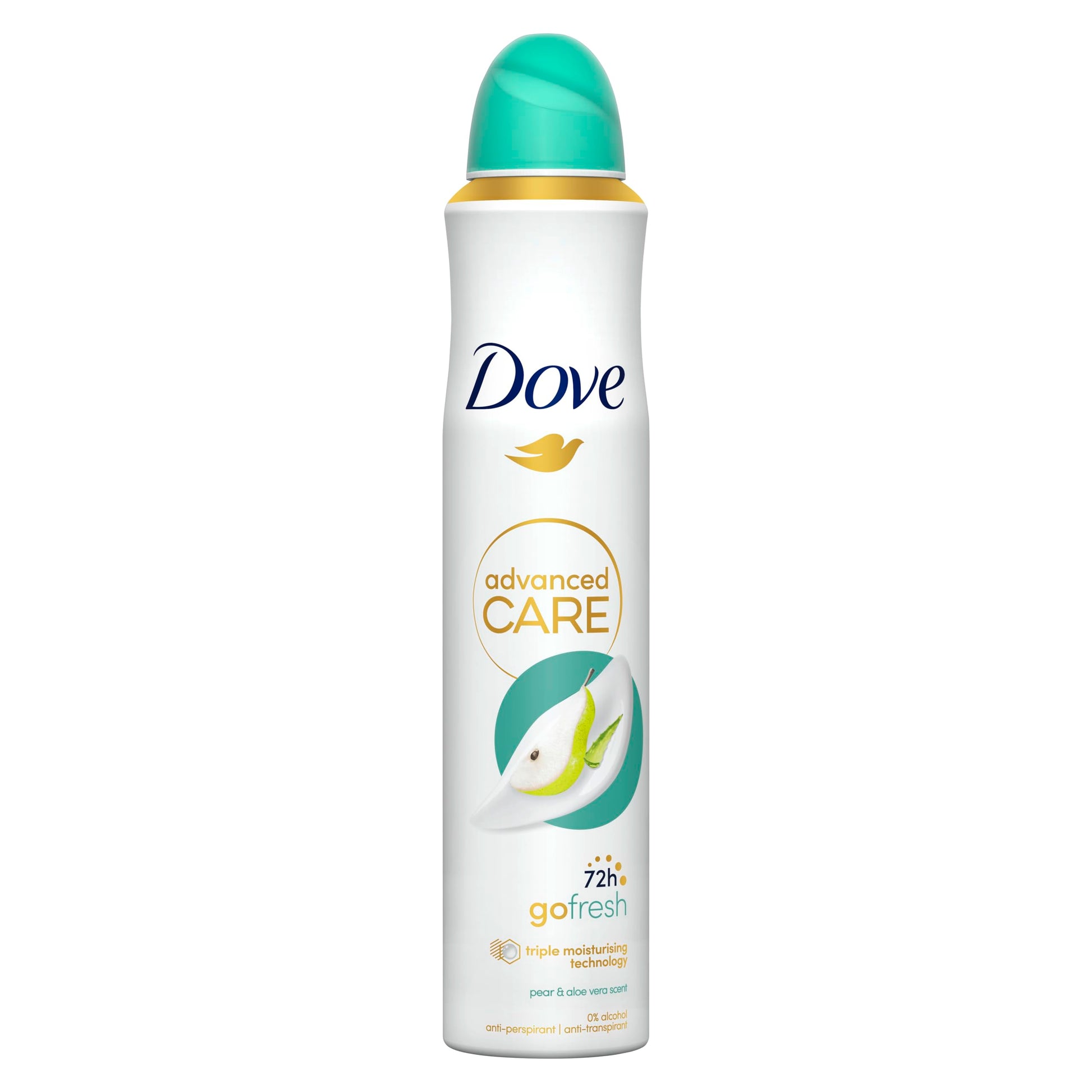 Dove advanced care deodorant spray bottle on a white background