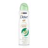 A bottle of Dove Advanced Care Go Fresh deodorant spray on a clean white background. The bottle is white with a light green cap and features the green and gold Dove logo and a graphic of green leaves.