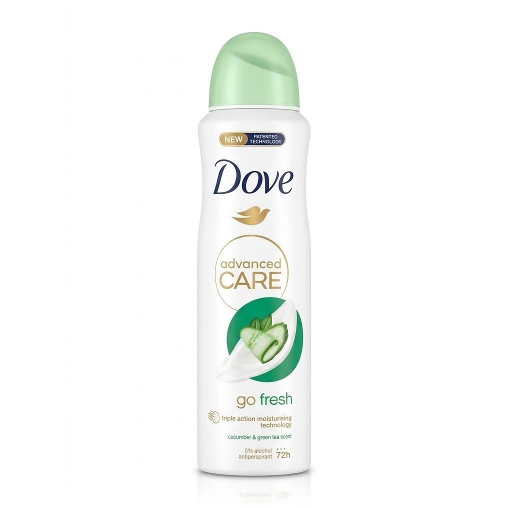 A bottle of Dove Advanced Care Go Fresh deodorant spray on a clean white background. The bottle is white with a light green cap and features the green and gold Dove logo and a graphic of green leaves.