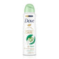 A bottle of Dove Advanced Care Go Fresh deodorant spray on a clean white background. The bottle is white with a light green cap and features the green and gold Dove logo and a graphic of green leaves.