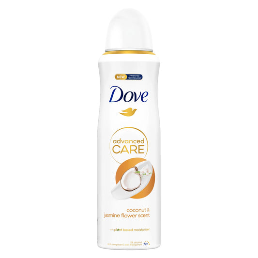 Dove advanced care deodorant spray on a white background