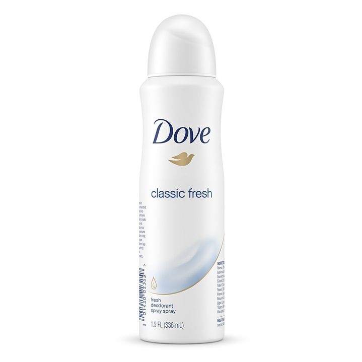 Dove classic fresh deodorant spray on a white background