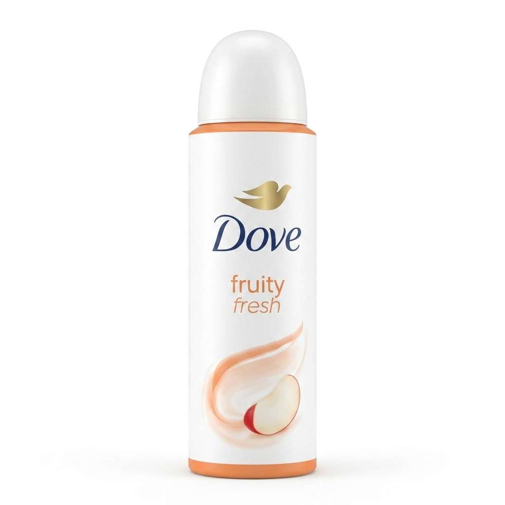 Dove fruity fresh deodorant bottle on a white background