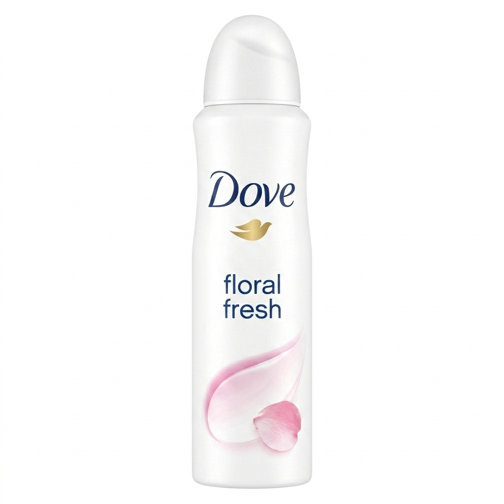 Dove floral fresh deodorant spray on a white background