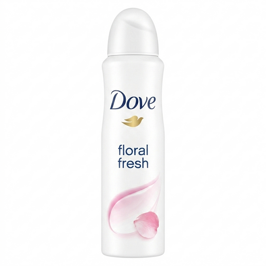Dove floral fresh deodorant spray on a white background