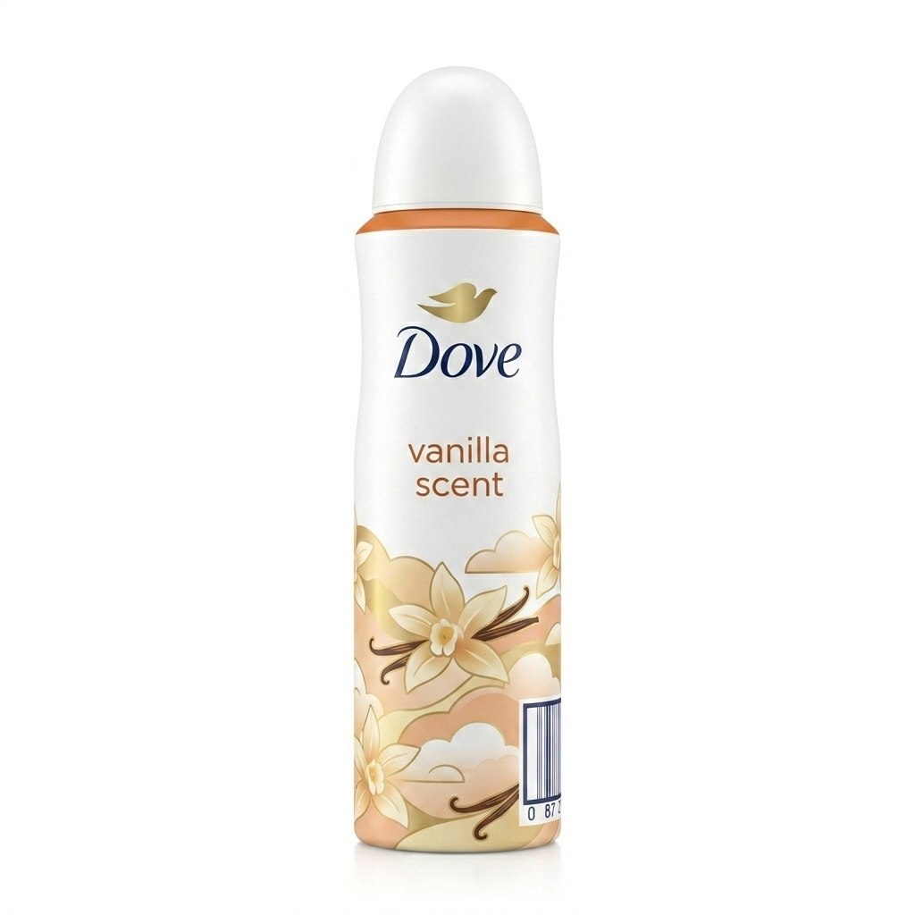Dove Vanilla Scent deodorant spray on a white background