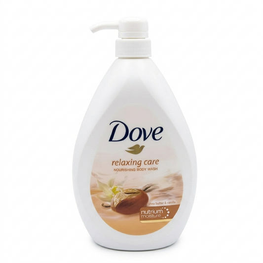 Dove relaxing care body wash bottle on a white background