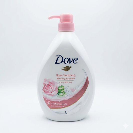 Dove Rose Soothing body wash bottle with a pink pump on a white background