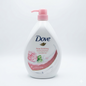 Dove Rose Soothing body wash bottle with a pink pump on a white background