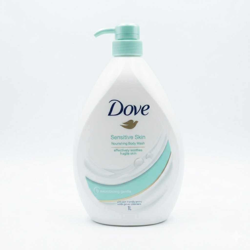 Dove Sensitive Skin body wash bottle on a white background